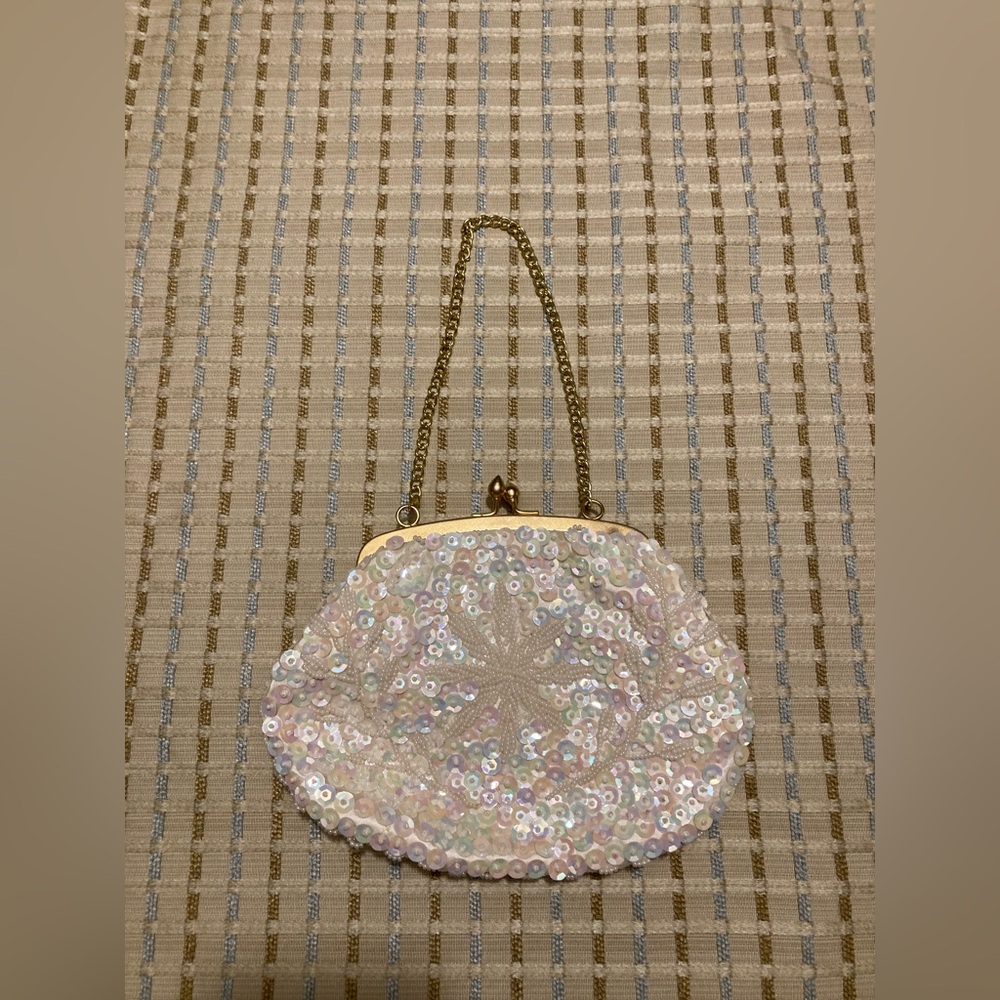 Iridescent Beaded & Sequin Evening Bag Snowflake Starfish Pastels Teardrop 60s - Picture 10 of 10